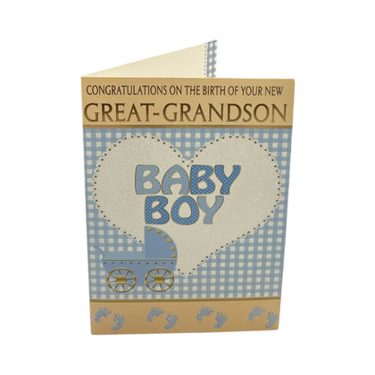 On Birth Of New Baby Great Grandson Traditional Blue Design Congratulations Card