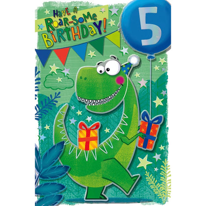 Dinosaur With Gift 5th Birthday Boy Card