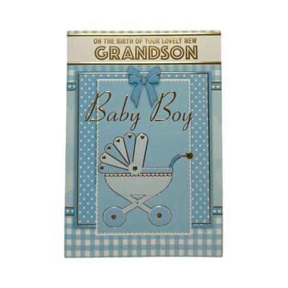 On Birth Of Grandson Blue Pram Design Congratulations Card