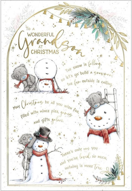 Bear Building Snowman Grandson Christmas Card