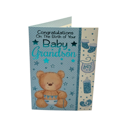 On Birth Of Baby Grandson A Brown Teddy Blue Congratulations Card