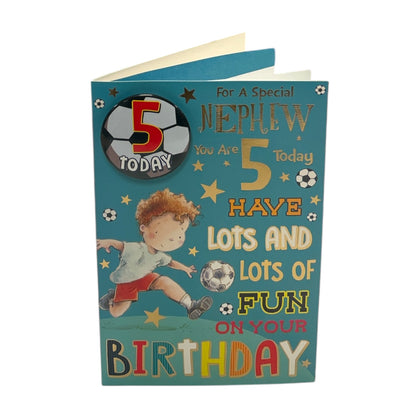 Nephew Age 5 Juvenile Boy Playing Football Birthday Card with Badge