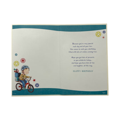 Nephew Age 4 Boy with Gifts Design Juvenile Birthday Card with Badge