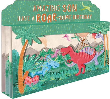 Spectacular 3D Roar-Some Dinosaur Scene Son Birthday Card