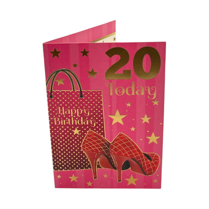 Age 20 Female Traditional Shopping Bag and Red Shoes Design Birthday Card