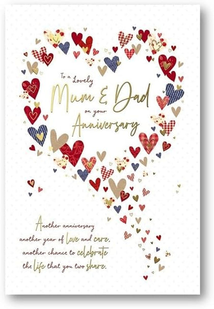 Love Hearts and Sentiment Verse Embossed Mum and Dad Anniversary Card