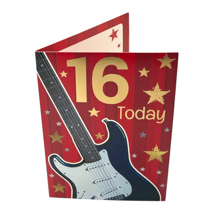 Age 16 Male Gold Stars And Guitar Design Birthday Card