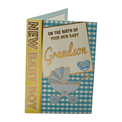 On Birth Of Grandson Blue & White Checkered Congratulations Card