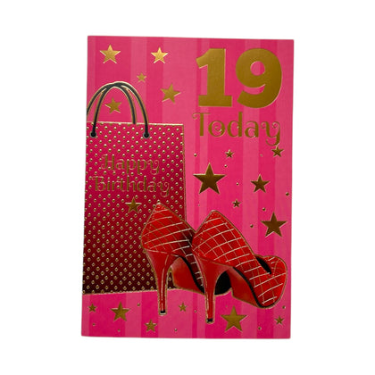 Age 19 Female Traditional Shopping Bag and Red Shoes Design Birthday Card