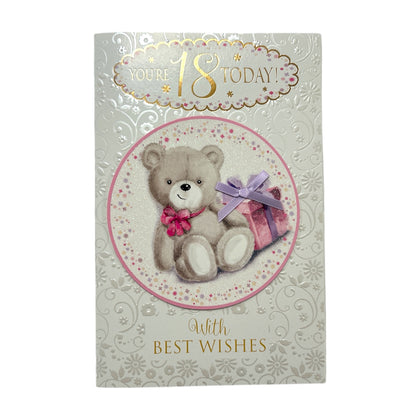 Age 18 Female Cute Teddy with Gift Design Birthday Card