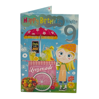 Age 09 Female Juvenile Trendy Pops Girl with Lemonade Design Birthday Card