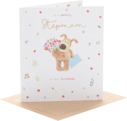 Boofle with Bouquet and Envelope Stepmum Birthday Card