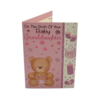 On Birth Of Baby Granddaughter A Brown Teddy Pink Congratulations Card