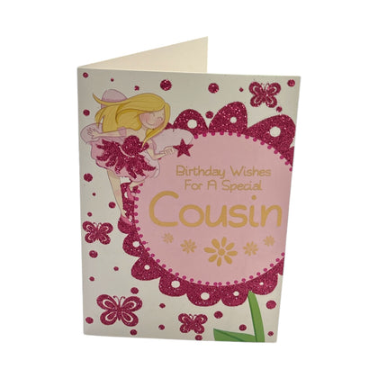 For Cousin Juvenile Fairy And Butterflies Design Birthday Card