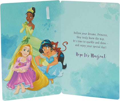 Time to Shine Rapunzel, Tiana, Jasmine 5th Birthday Card Badge