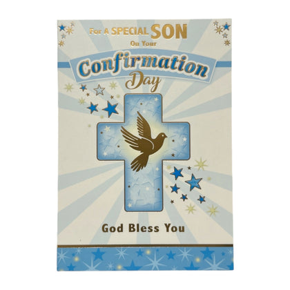 For Special Son Dove And Cross Blue Design Confirmation Religious Greeting Card