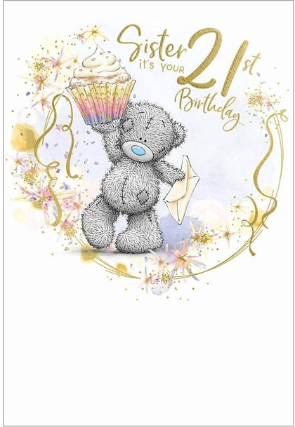 Bear Holding Up Cupcake Sister 21st Birthday Card