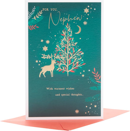 Gold Reindeer & Tree Design Nephew Christmas Card