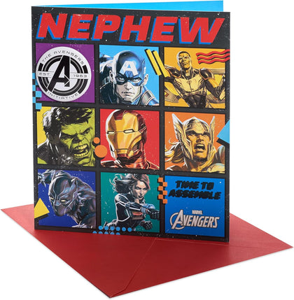 Marvel The Avengers Bright Design Nephew Birthday Card with Badge