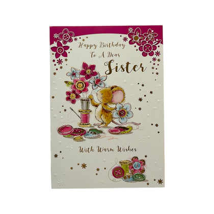 To Dear Sister Cute Mouse Create Flowers Design Birthday Card