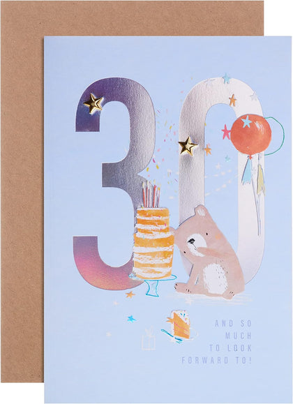 Contemporary Embossed Illustrated Bear Design 30th Birthday Card 