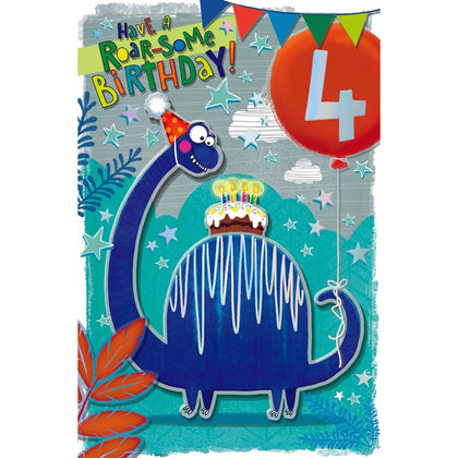 Blue Dino And Cake 4th Birthday Boy Card