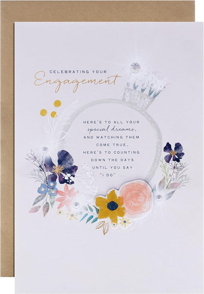 Contemporary Illustrated Embossed Floral Design Engagement Congratulations Card