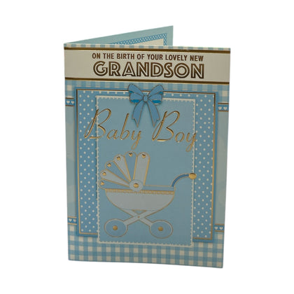 On Birth Of Grandson Blue Pram Design Congratulations Card