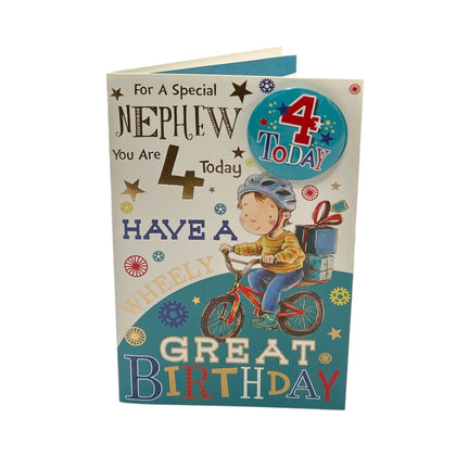 Nephew Age 4 Boy with Gifts Design Juvenile Birthday Card with Badge