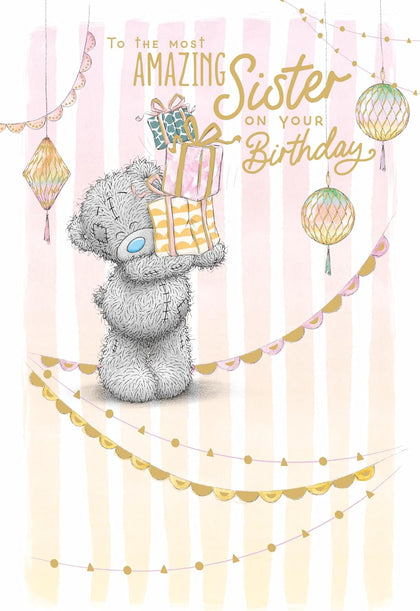 Bear Holding Pile of Gifts Sister Birthday Card