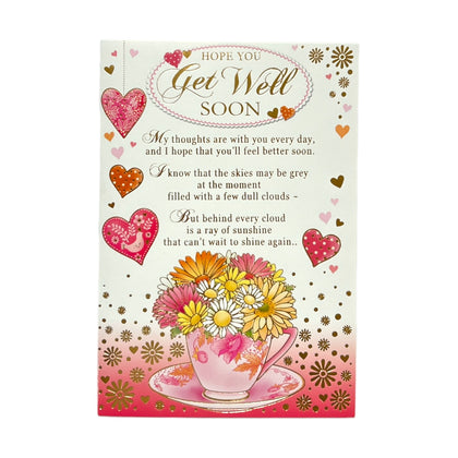 Get Well Soon Flowers In Tea Cup Design Greeting Card