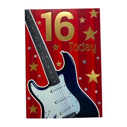 Age 16 Male Gold Stars And Guitar Design Birthday Card