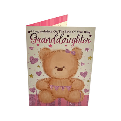 On Birth Of Baby Granddaughter Teddy Holding Banner Design Congratulations Card