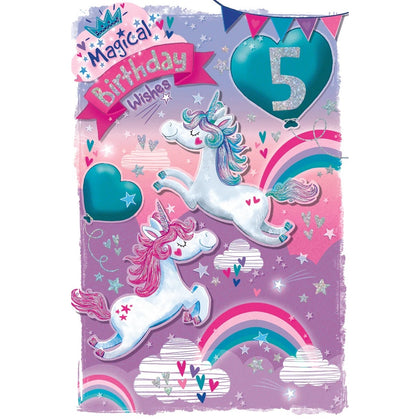 Unicorns And Hearts 5th Birthday Girl Card