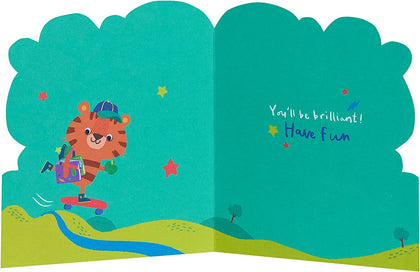 Cute Tiger Cartoon Design First Day At School Good Luck Card For Him