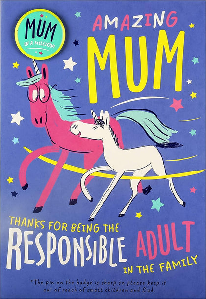 Mum Mother's Day Card Neon Unicorn with Badge