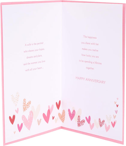 Pink & Gold Hearts Design Wife Anniversary Card