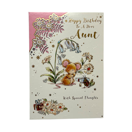 To Dear Aunt Cute Mouse with Flowers Design Birthday Card