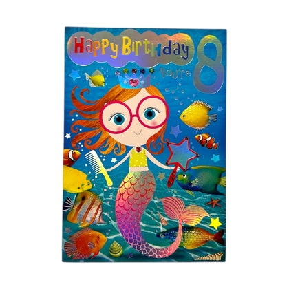 Age 08 Female Juvenile Trendy Pops Mermaid Princess Design Birthday Card