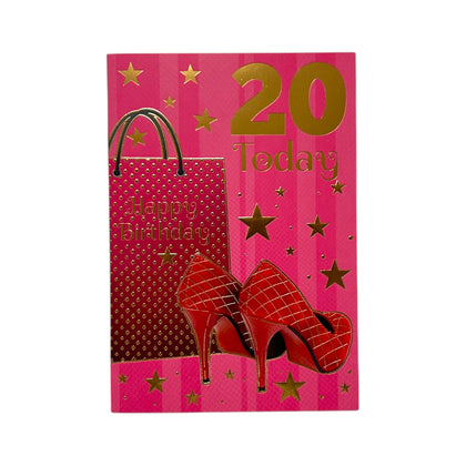 Age 20 Female Traditional Shopping Bag and Red Shoes Design Birthday Card