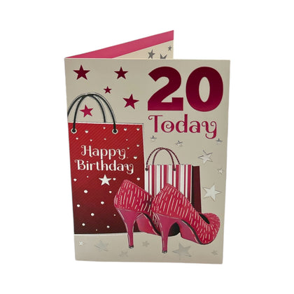 Age 20 Female Traditional Shopping Bags and Shoes Design Birthday Card