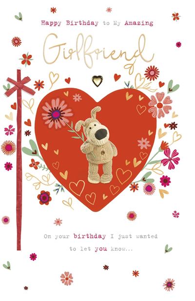 Boofle with Red Ribbon and Heart Attachment Girlfriend Birthday Card