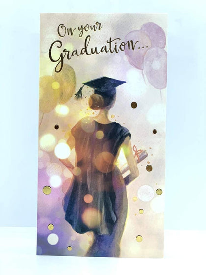 On Your Graduation Girl With Balloons Design Congratulation Card 