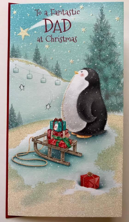 Fantastic Dad Penguin With Gift Box Design Christmas Card