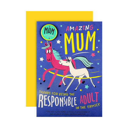 Mum Mother's Day Card Neon Unicorn with Badge