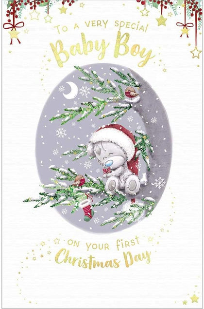 Bear In Tree Baby Boy 1st Christmas Card