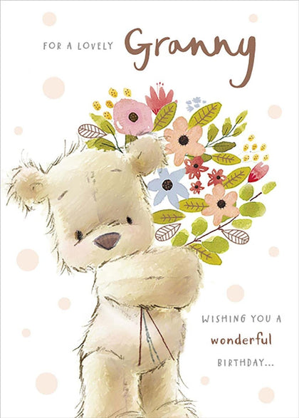 For A Lovely Granny Teddy With Bouquet Design Birthday Card