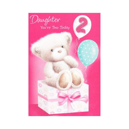 Age 2 Daughter Cute Teddy Sat On Present Design Birthday Card