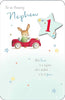 Nephew Birthday Card Attach with Personalised Age (1, 2, 3) Rabbit Driving Car with Silver Foil Finish