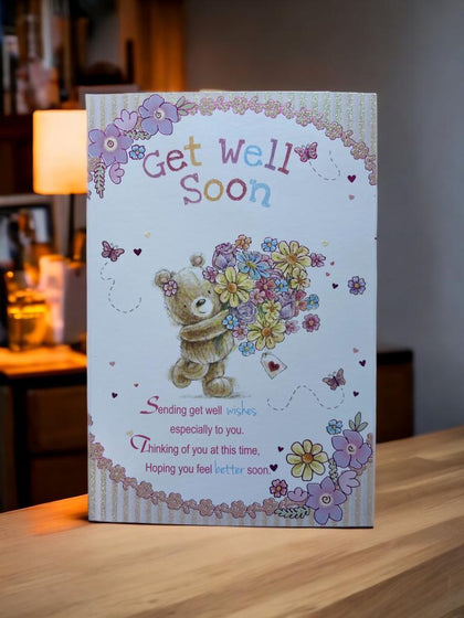 Get Well Soon Cute Teddy With Flower Of Bunch Greetings Card